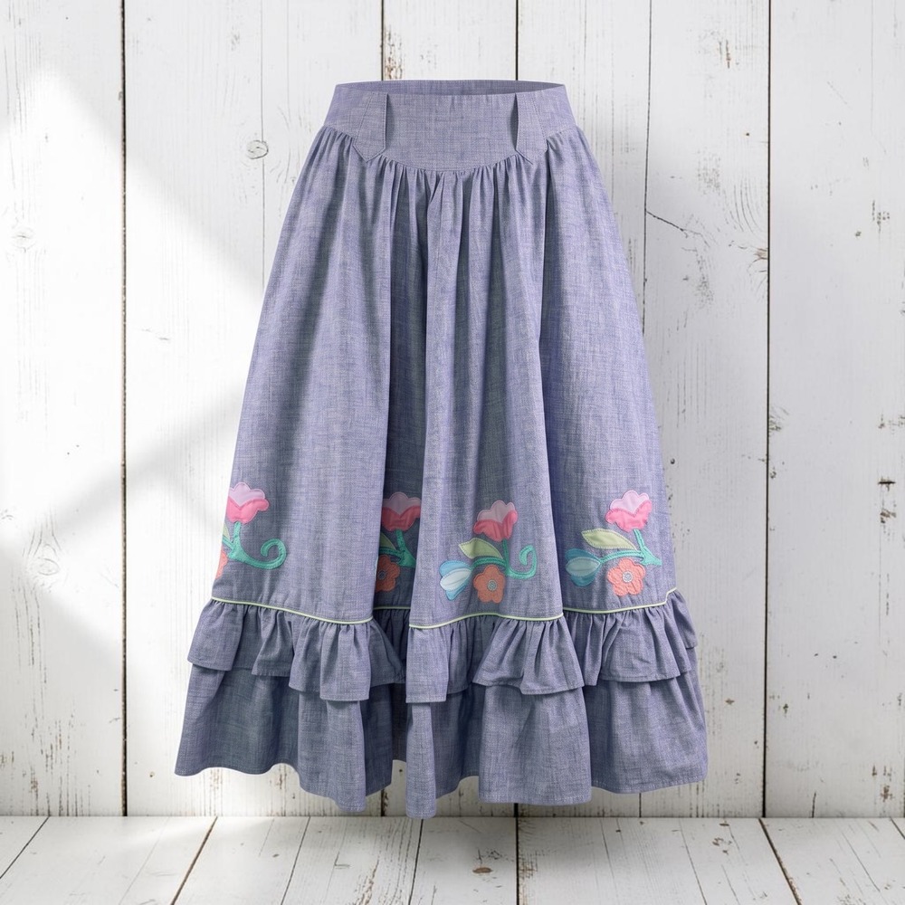 VINTAGE SALAMINDER SallyVonWerlhof Floral Appliqué Chambray Prairie Skirt, Sz 8
